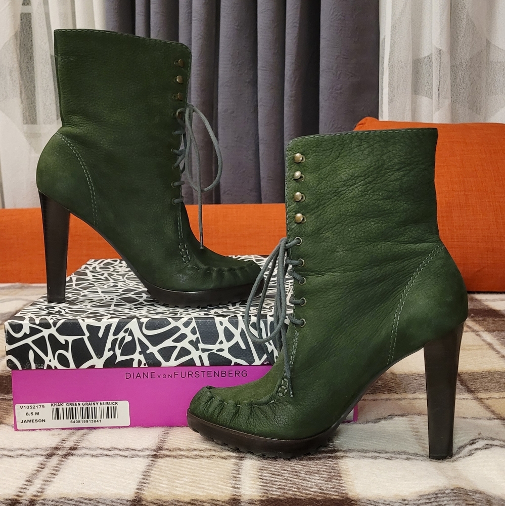 DVF Diane Von Furstenberg Khaki Jameson Lace-up Grainy Nubuk Ankle Boot Size 8.5